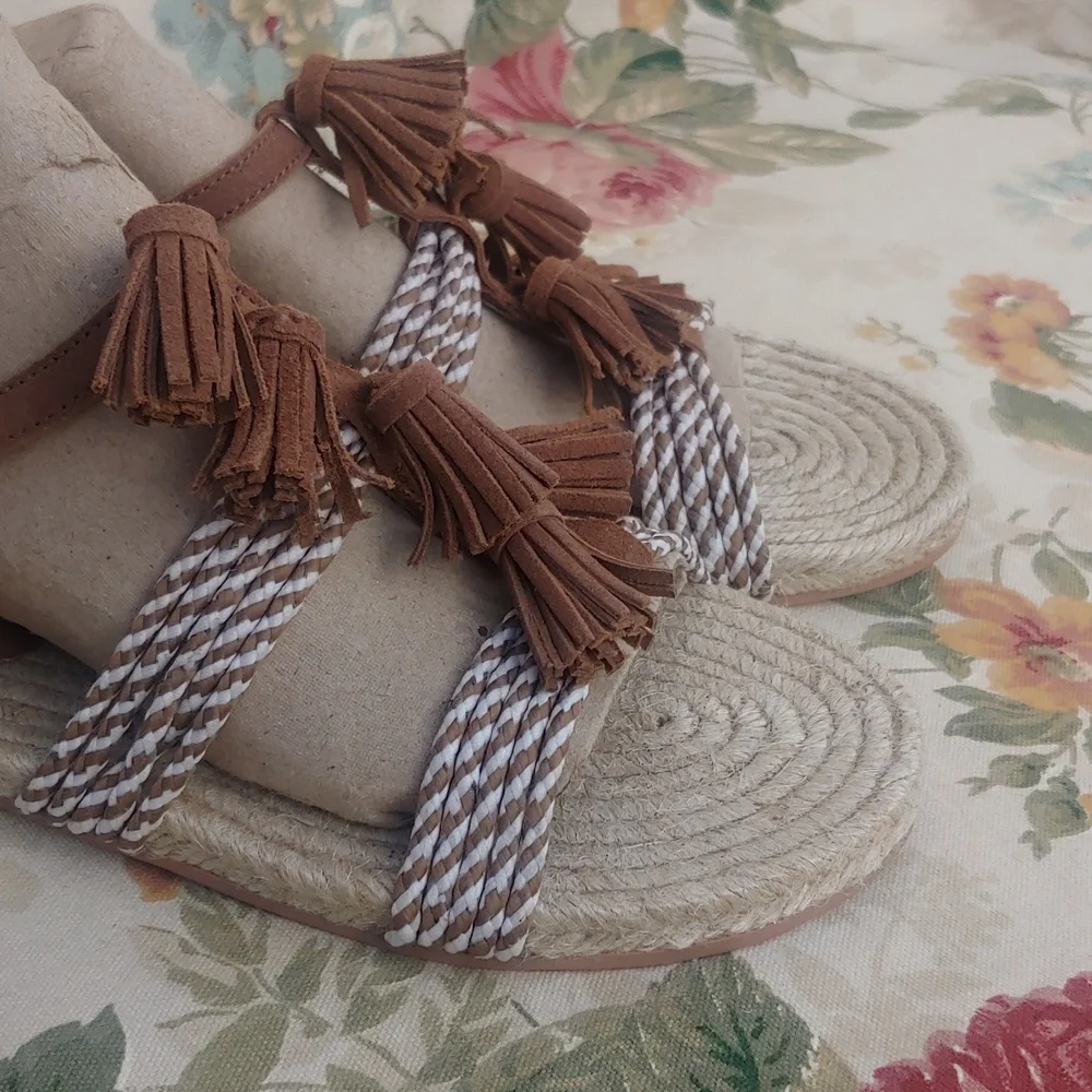 Anthropologie Brown Suede and Jute Rope Women's Sandals with Tassels size 8